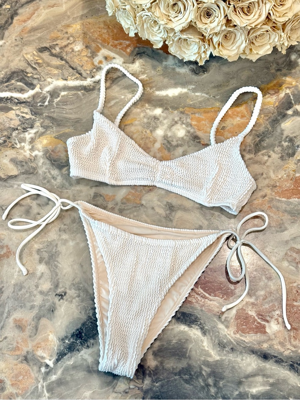 ELCE Swim White Crinkle Bikini Set XS Top M Bottom Made in Indonesia Bali